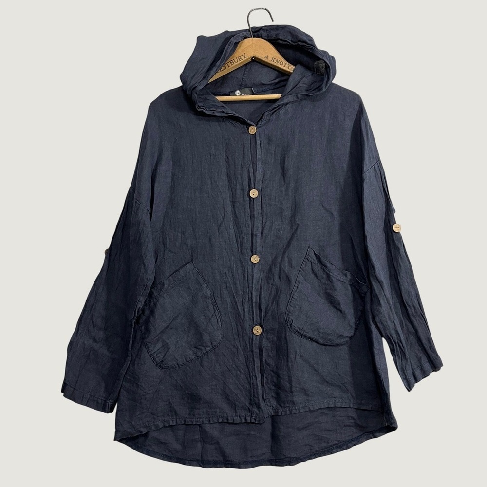 Made in Italy Navy Blue 100% Linen Hooded Button Down Roll Tab Jacket Size M